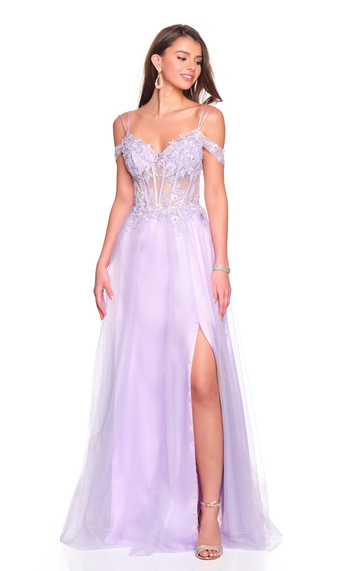 A woman stands against a white background wearing the Dave and Johnny 12933 long prom dressโpurple, off-the-shoulder with an embroidered corset bodice, floral embellishments, and a thigh-high slit.